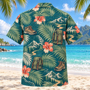 Back view of Palm Parade Hiking and Backpacking Hawaiian Shirt with matching hiking and backpacking artwork in deep teal, coral, cream, sage