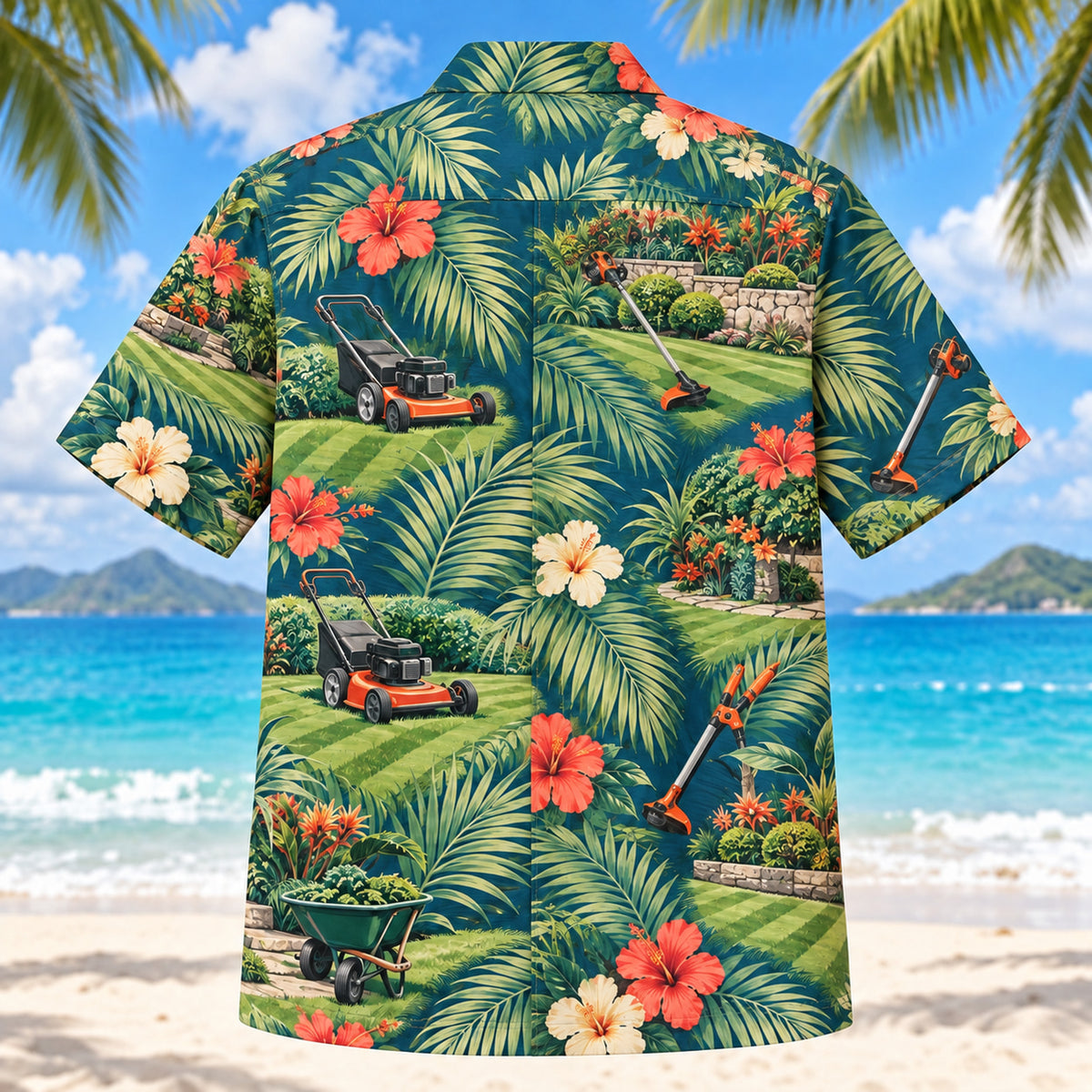 Back view of Palm Parade Landscaper Hawaiian Shirt with matching landscaper artwork in deep teal, coral, cream, sage