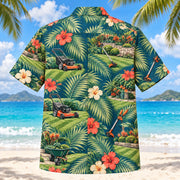 Back view of Palm Parade Landscaper Hawaiian Shirt with matching landscaper artwork in deep teal, coral, cream, sage