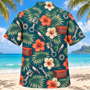 Back view of Palm Parade Mechanic Hawaiian Shirt with matching mechanic artwork in deep teal, coral, cream, sage