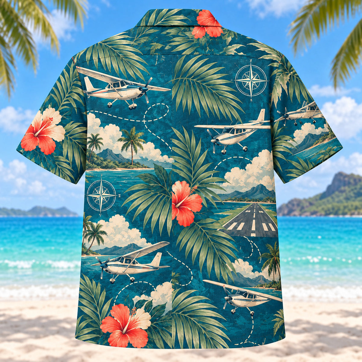 Back view of Palm Parade Pilot and Aviation Hawaiian Shirt with matching pilot and aviation artwork in deep teal, coral, cream, sage