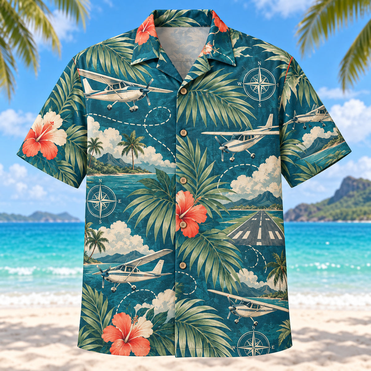Front view of Palm Parade Pilot and Aviation Hawaiian Shirt with large original palm fronds interleaved with unbranded civilian propeller planes, imaginary flight paths, clouds, compasses and runways