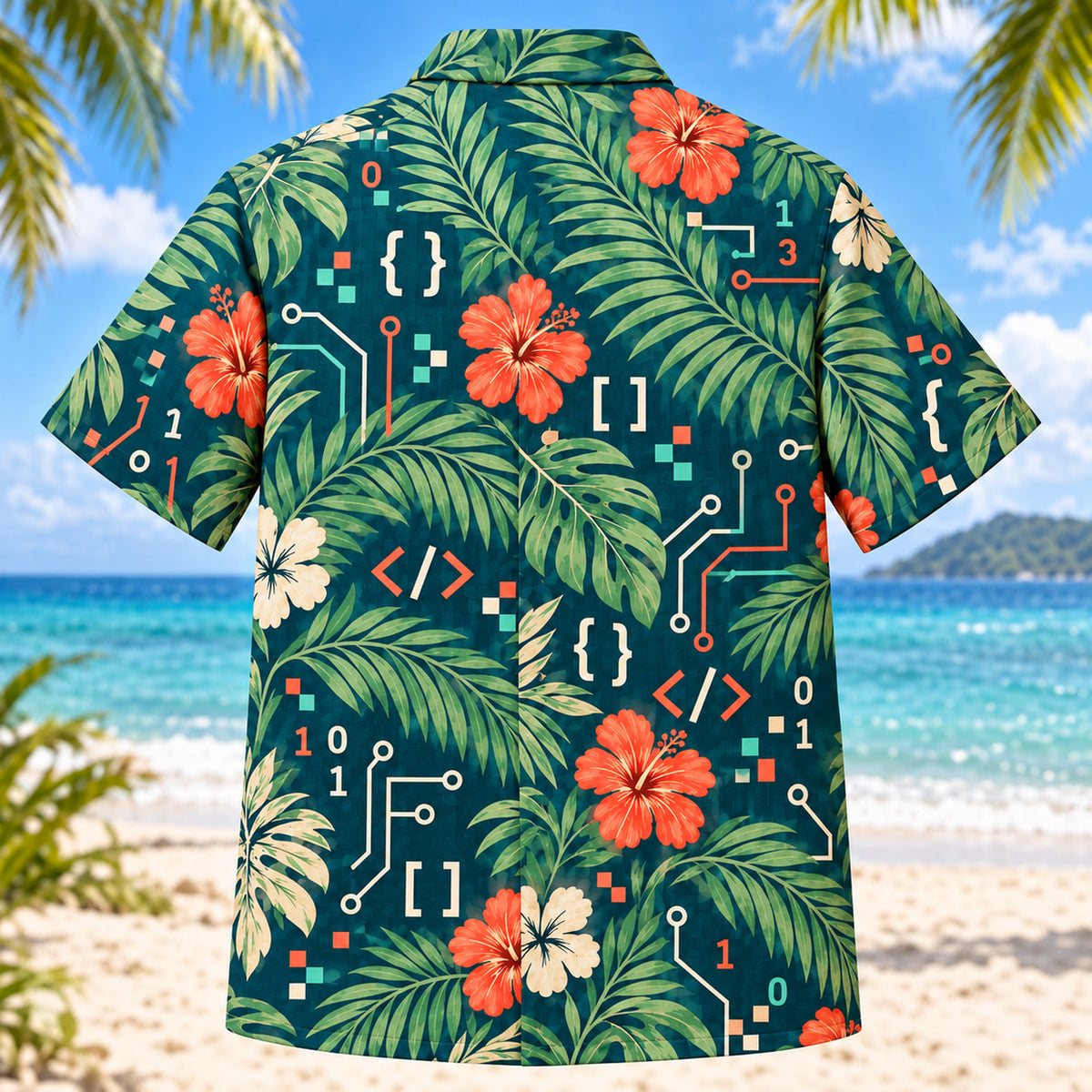 Back view of Palm Parade Programmer Hawaiian Shirt with matching programmer artwork in deep teal, coral, cream, sage