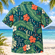 Back view of Palm Parade Programmer Hawaiian Shirt with matching programmer artwork in deep teal, coral, cream, sage