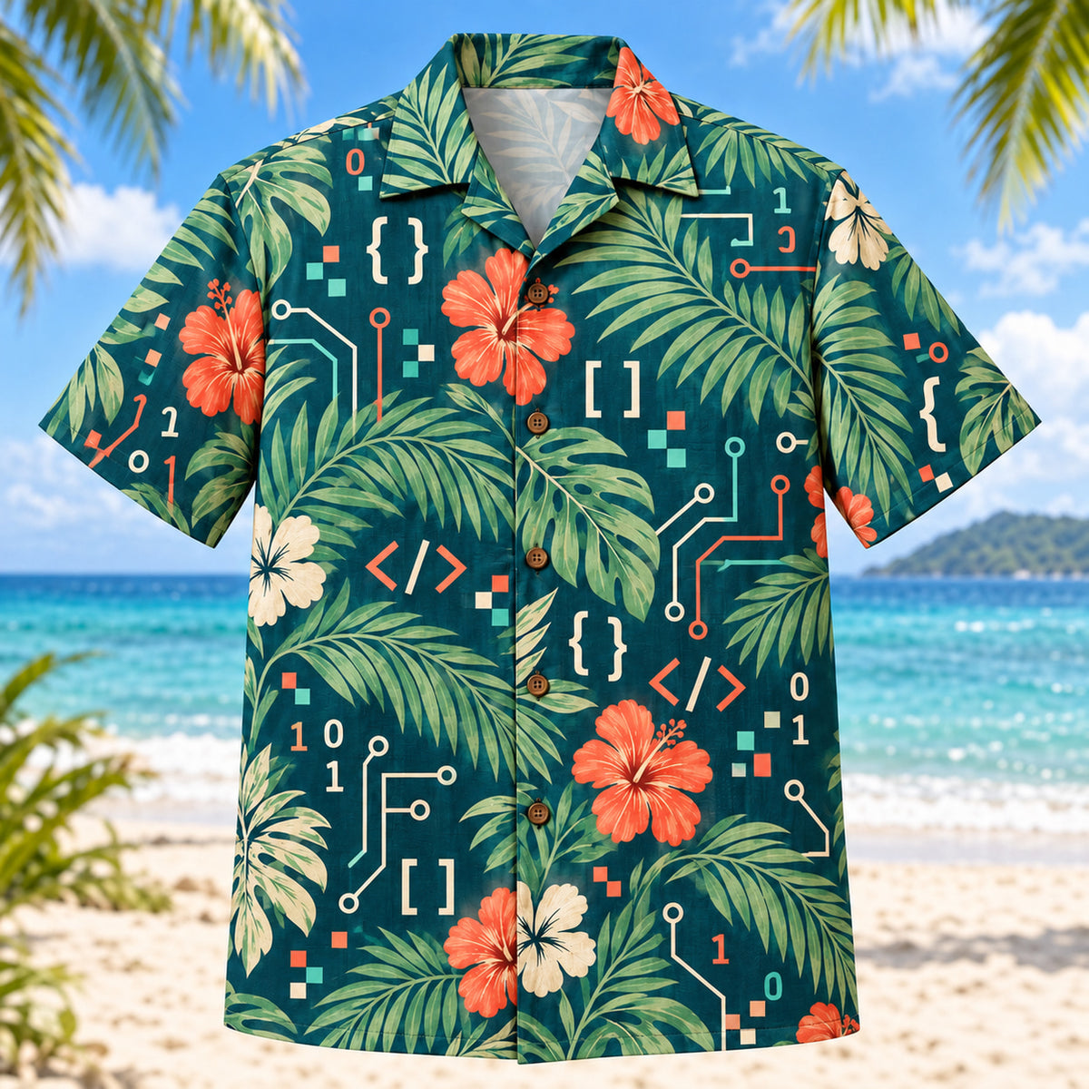 Front view of Palm Parade Programmer Hawaiian Shirt with large original palm fronds interleaved with original brackets, readable self-written pseudocode, binary patterns, pixels and invented debugging symbols