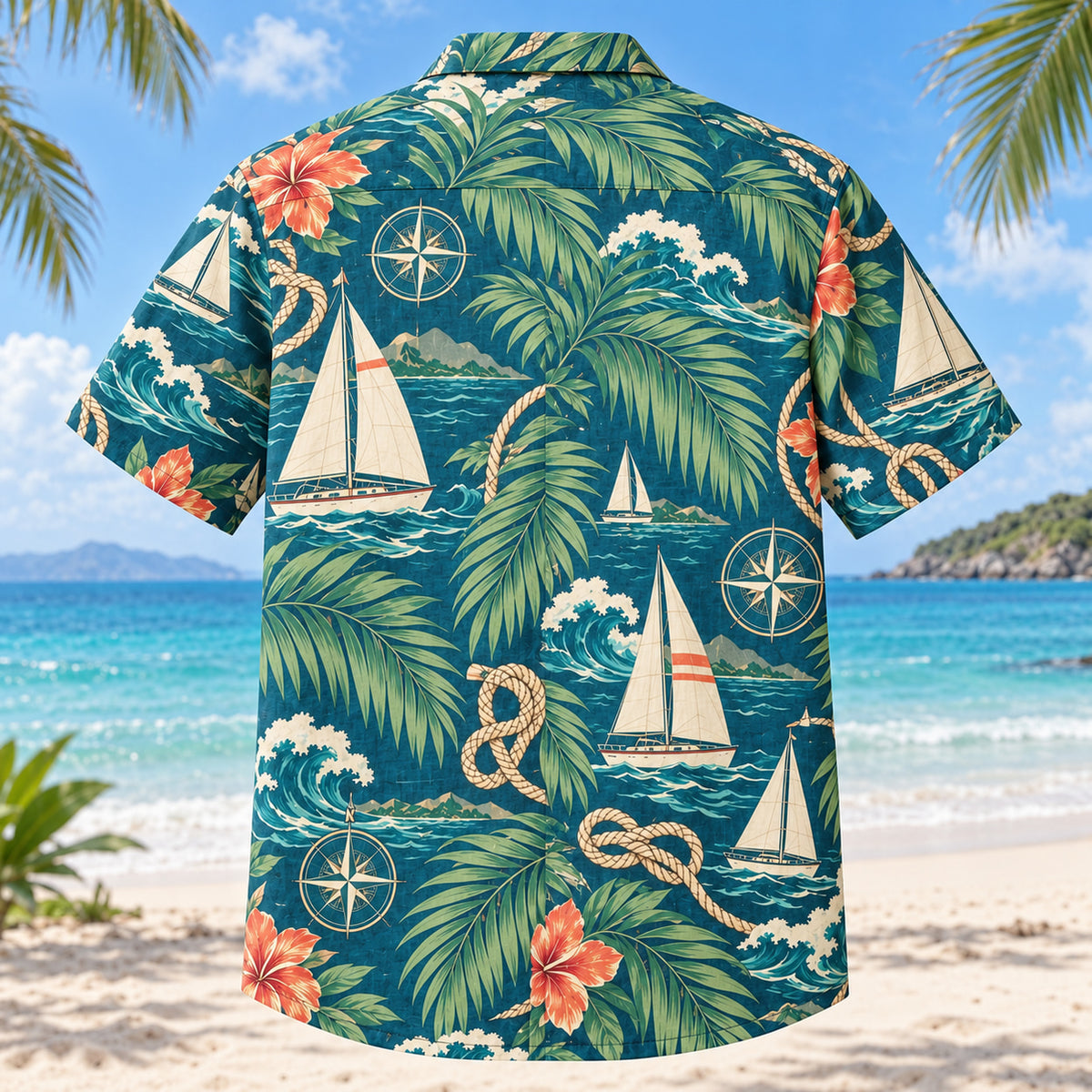 Back view of Palm Parade Sailing Hawaiian Shirt with matching sailing artwork in deep teal, coral, cream, sage