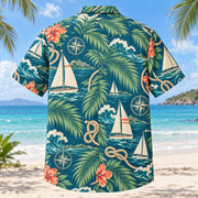Back view of Palm Parade Sailing Hawaiian Shirt with matching sailing artwork in deep teal, coral, cream, sage