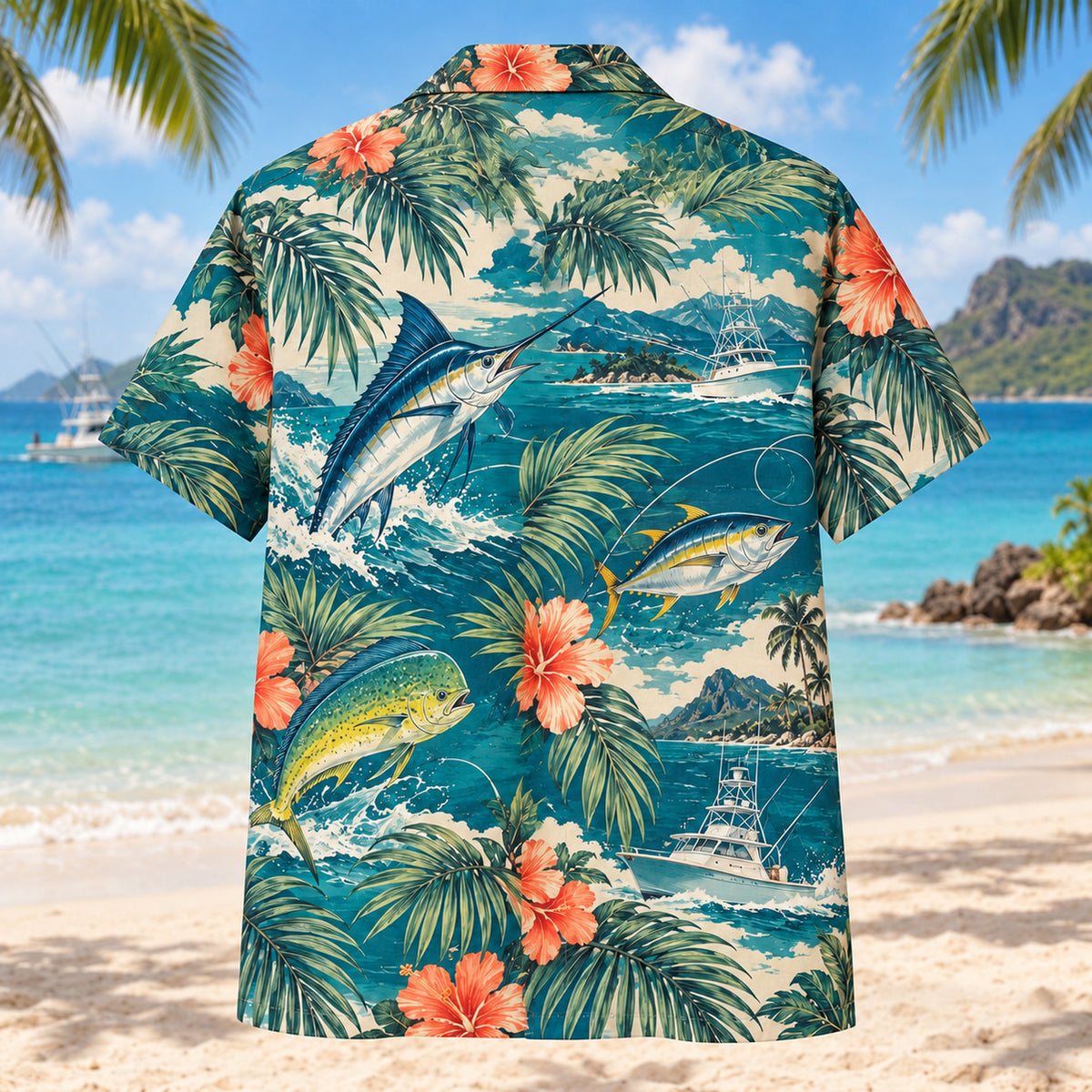 Back view of Palm Parade Saltwater Fishing Hawaiian Shirt with matching saltwater fishing artwork in deep teal, coral, cream, sage