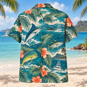 Back view of Palm Parade Saltwater Fishing Hawaiian Shirt with matching saltwater fishing artwork in deep teal, coral, cream, sage