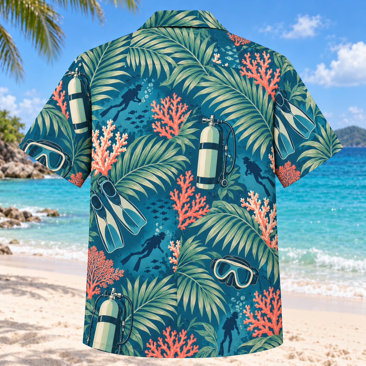 Back view of Palm Parade Scuba Diving Hawaiian Shirt with matching scuba diving artwork in deep teal, coral, cream, sage