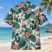 Back view of Palm Parade Ski and Snowboard Hawaiian Shirt with matching ski and snowboard artwork in deep teal, coral, cream, sage