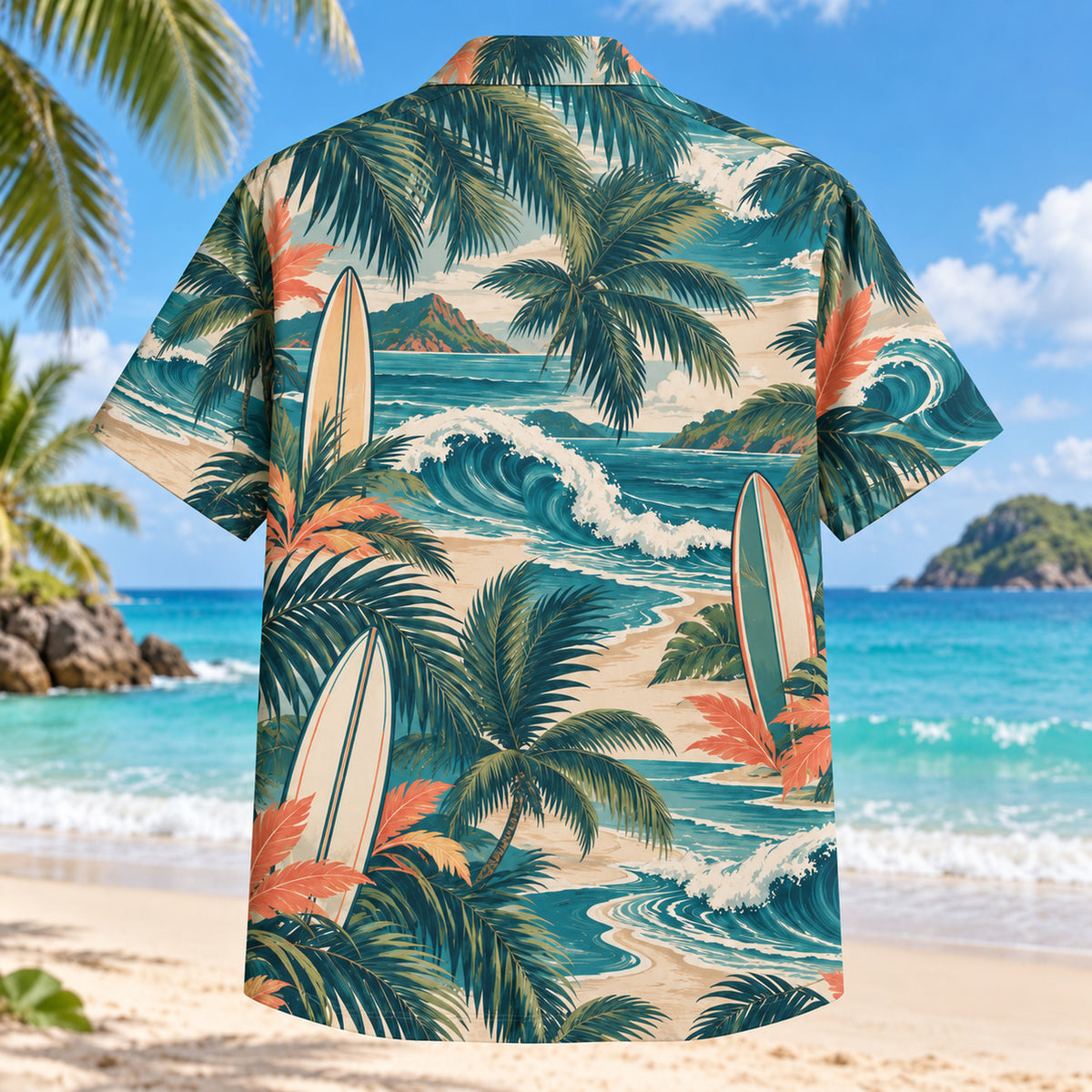 Back view of Palm Parade Surfing Hawaiian Shirt with matching surfing artwork in deep teal, coral, cream, sage