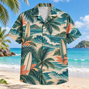 Front view of Palm Parade Surfing Hawaiian Shirt with large original palm fronds interleaved with unbranded surfboards, rolling waves and curved shorelines