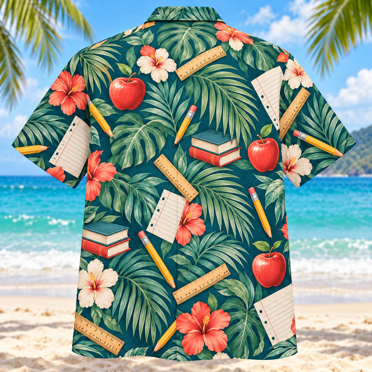 Back view of Palm Parade Teacher Hawaiian Shirt with matching teacher artwork in deep teal, coral, cream, sage