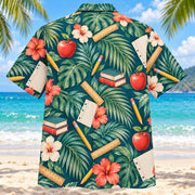 Back view of Palm Parade Teacher Hawaiian Shirt with matching teacher artwork in deep teal, coral, cream, sage