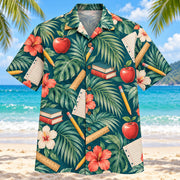 Front view of Palm Parade Teacher Hawaiian Shirt with large original palm fronds interleaved with original pencils, apples, rulers, books and sheets of paper