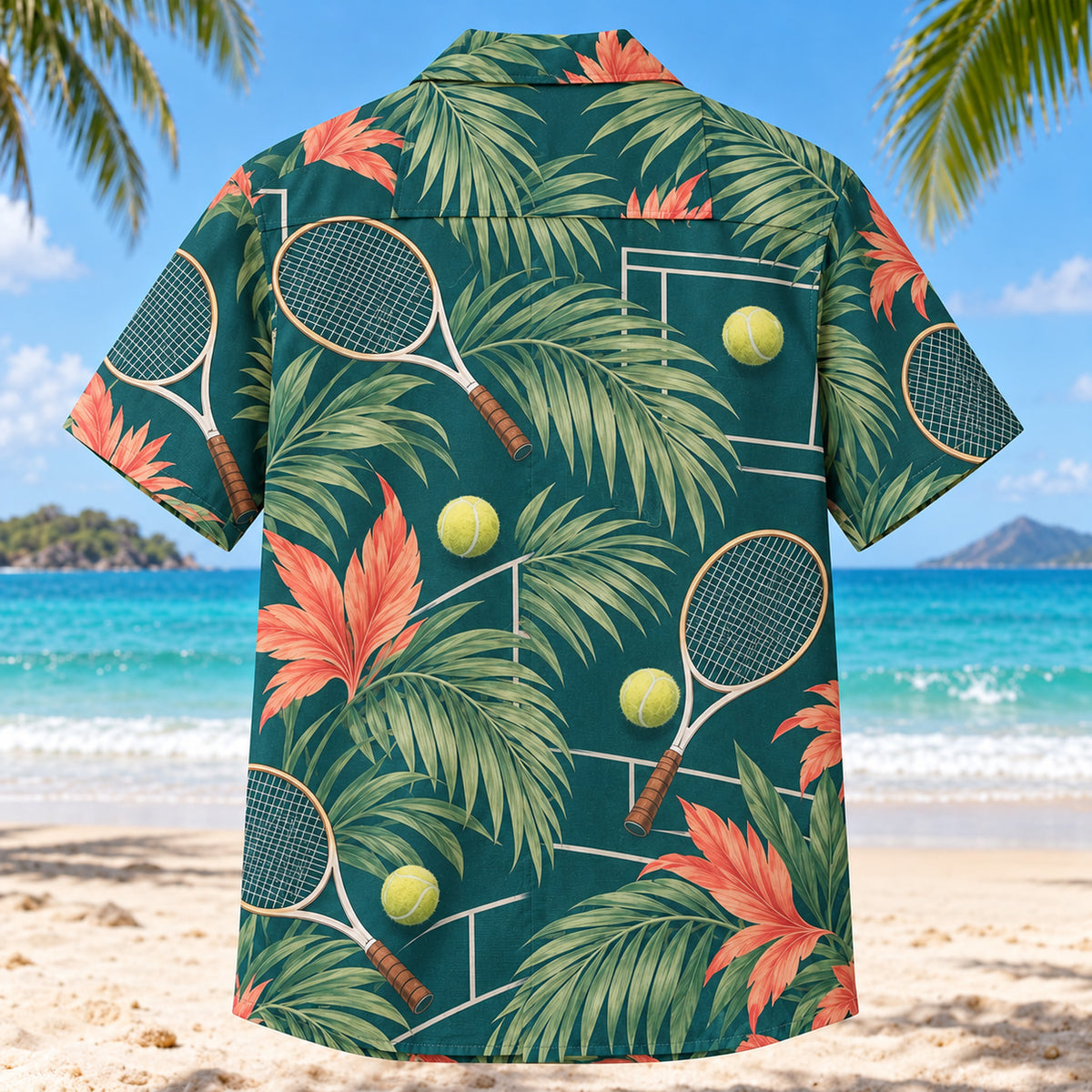 Back view of Palm Parade Tennis Hawaiian Shirt with matching tennis artwork in deep teal, coral, cream, sage