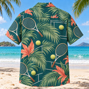 Back view of Palm Parade Tennis Hawaiian Shirt with matching tennis artwork in deep teal, coral, cream, sage