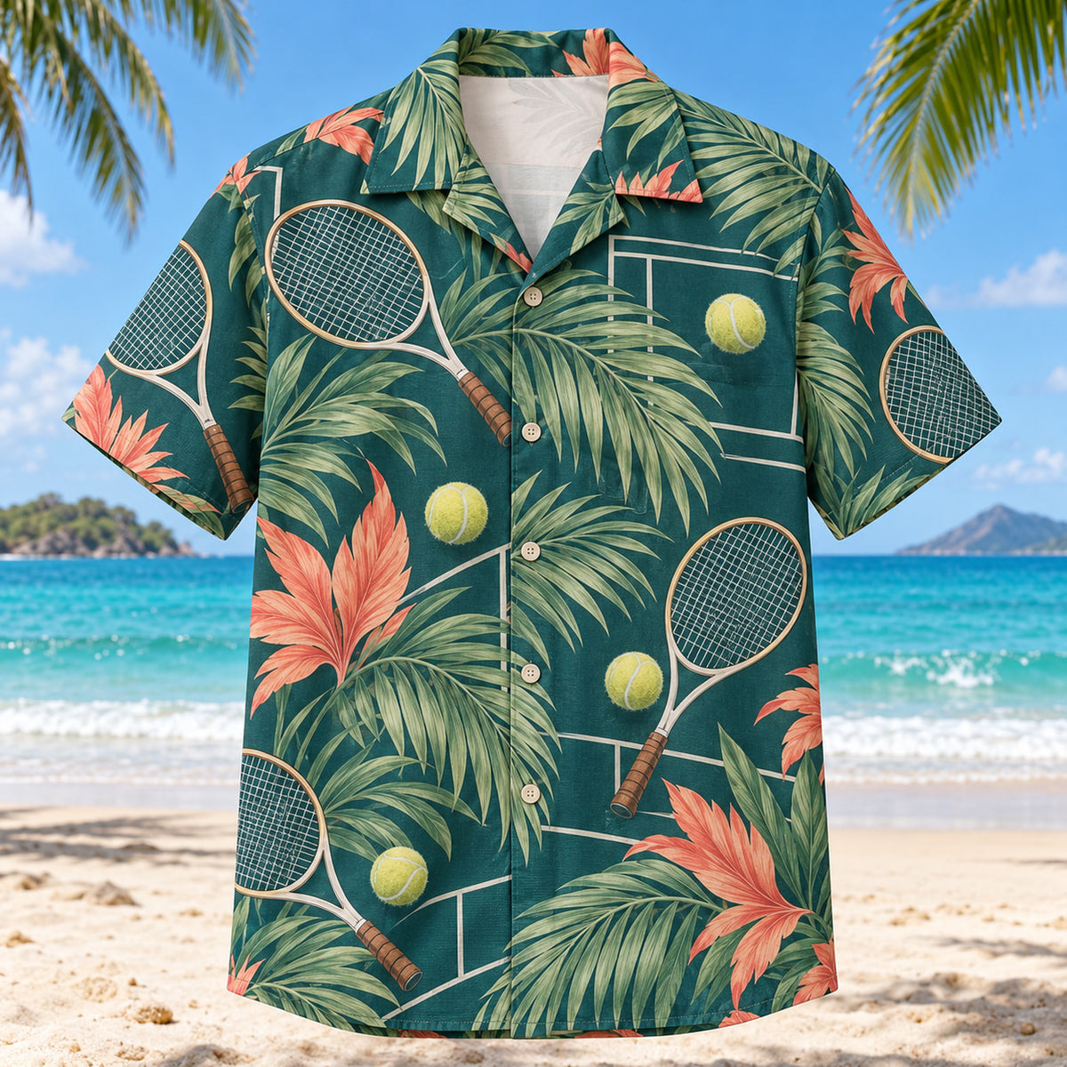 Front view of Palm Parade Tennis Hawaiian Shirt with large original palm fronds interleaved with unbranded tennis rackets, fuzzy yellow balls and tennis court linework