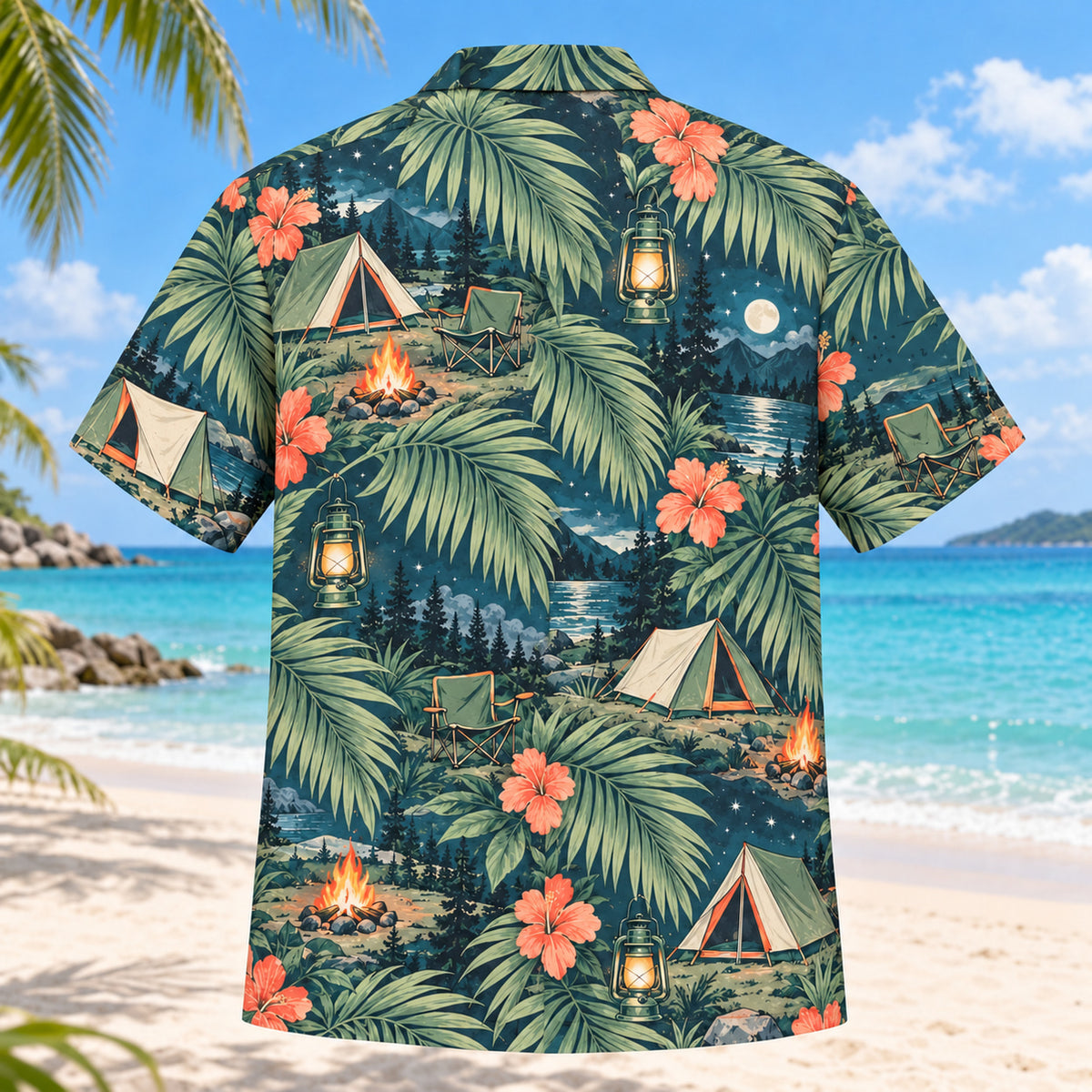 Back view of Palm Parade Tent Camping Hawaiian Shirt with matching tent camping artwork in deep teal, coral, cream, sage