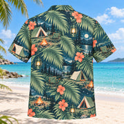 Back view of Palm Parade Tent Camping Hawaiian Shirt with matching tent camping artwork in deep teal, coral, cream, sage