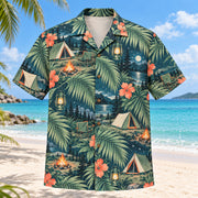 Front view of Palm Parade Tent Camping Hawaiian Shirt with large original palm fronds interleaved with generic tents, camp lanterns, campfires, chairs and woodland night skies