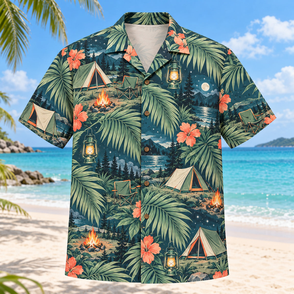 Front view of Palm Parade Tent Camping Hawaiian Shirt with large original palm fronds interleaved with generic tents, camp lanterns, campfires, chairs and woodland night skies