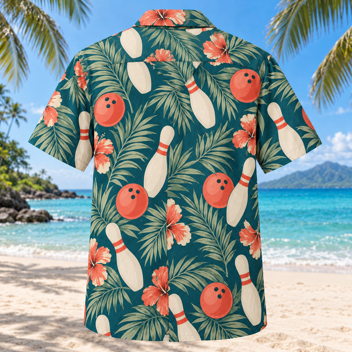 Back view of Palm Pin Parade Bowling Hawaiian Shirt with matching bowling artwork in deep teal, cream, coral, sage