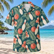 Front view of Palm Pin Parade Bowling Hawaiian Shirt with bold bowling pins alternating with original palm fronds and compact three-hole balls