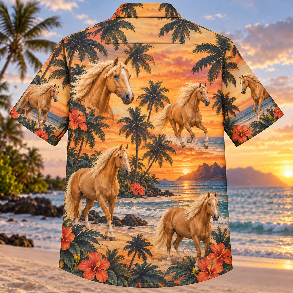 Back view of Palomino Sunset Horse Hawaiian Shirt with matching artwork in gold, terracotta, teal