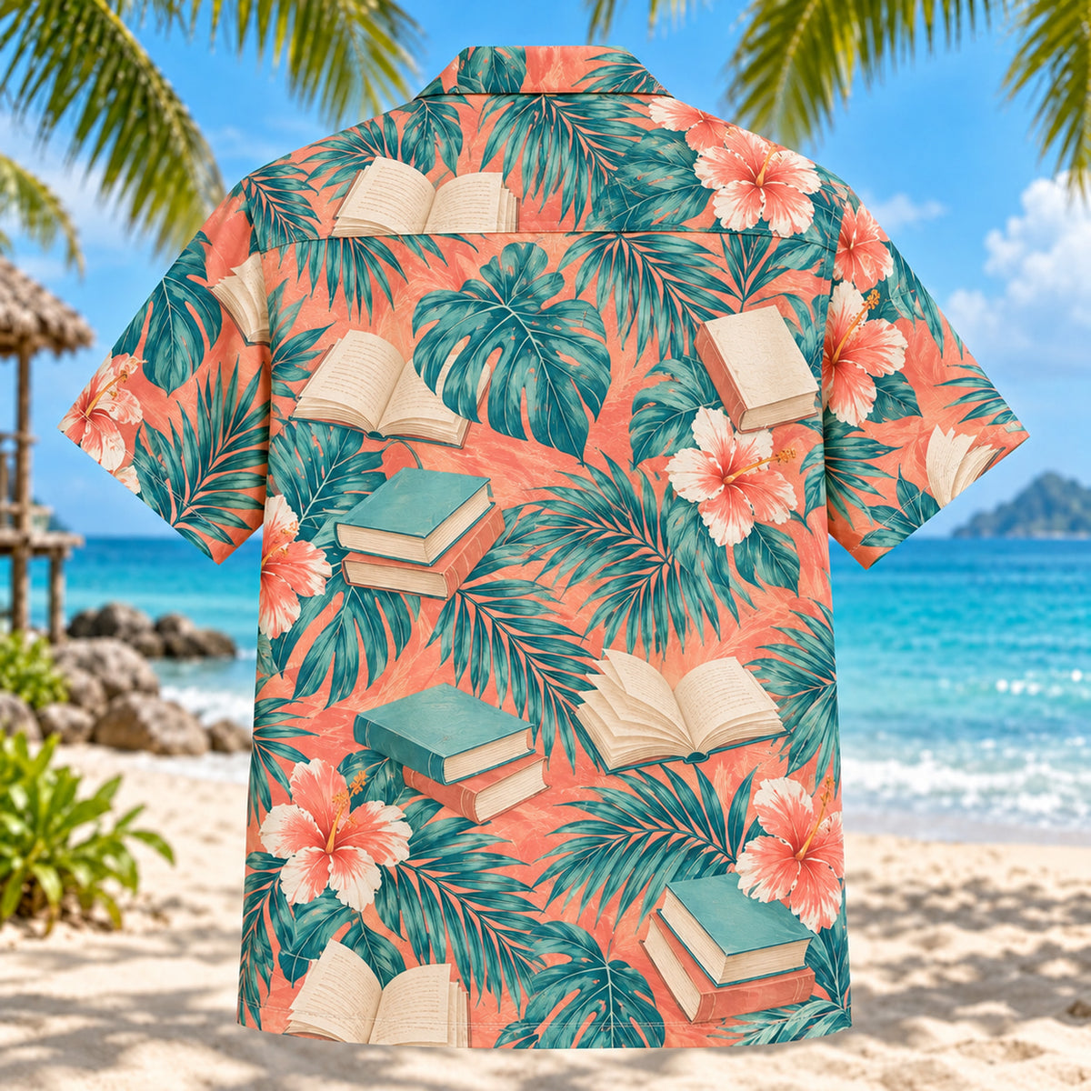 Back view of Paperback Palm Book Lover Hawaiian Shirt with matching artwork in coral, aqua, ivory