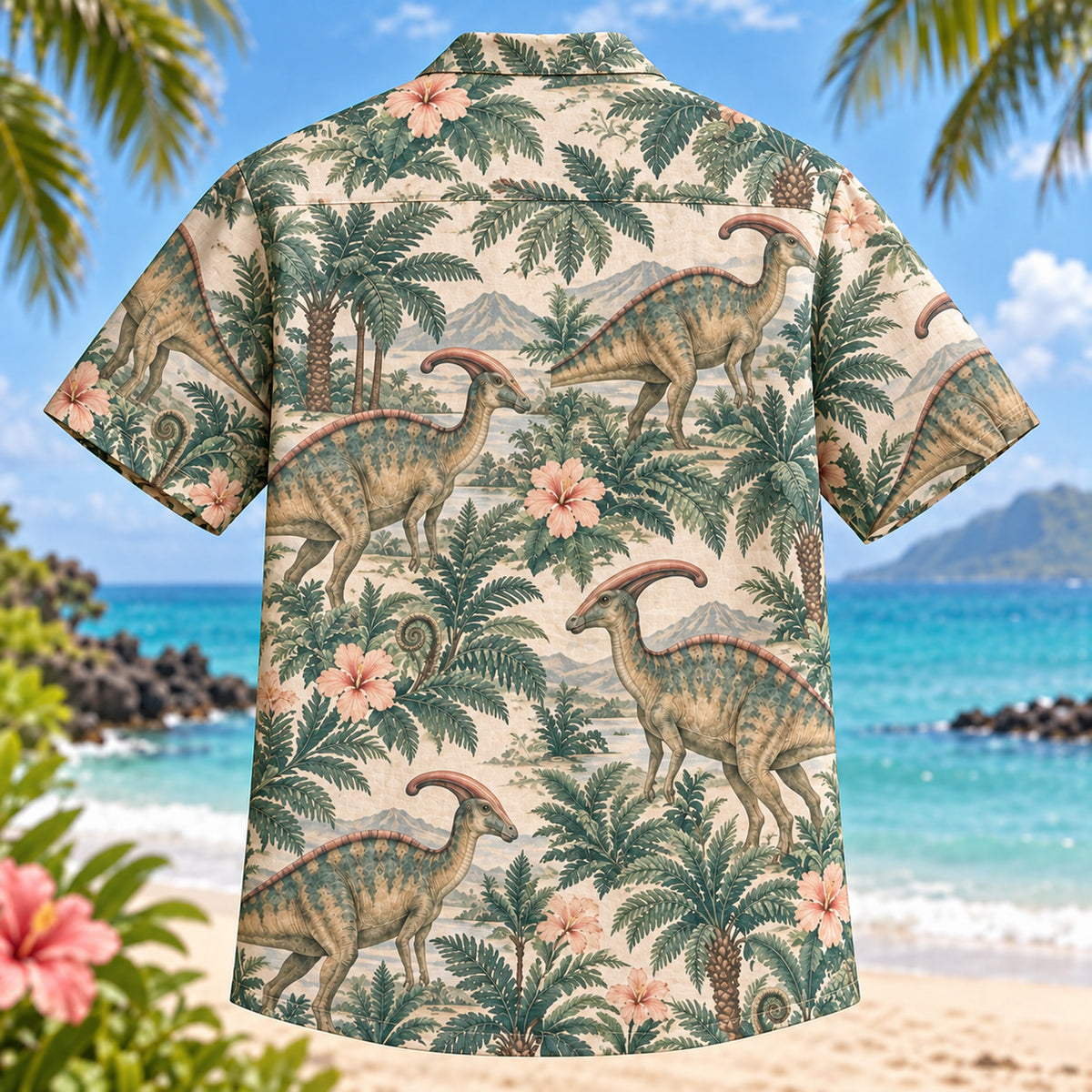 Back view of Parasaurolophus Grove Dinosaur Hawaiian Shirt with matching artwork in jade, blush, tan