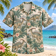 Front view of Parasaurolophus Grove Dinosaur Hawaiian Shirt with Parasaurolophus dinosaurs among fern groves