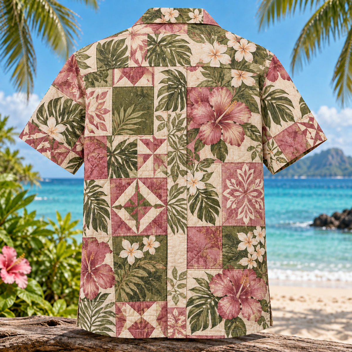 Back view of Patchwork Bloom Sewing and Quilting Hawaiian Shirt with matching artwork in rose, olive, ivory