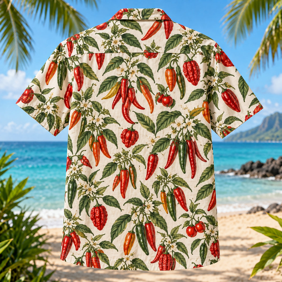 Back view of Pepper Botanical Chili Pepper Hawaiian Shirt with matching artwork in scarlet, sage, ivory