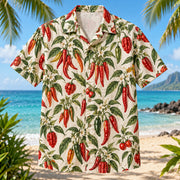 Front view of Pepper Botanical Chili Pepper Hawaiian Shirt with original botanical study of varied chili peppers