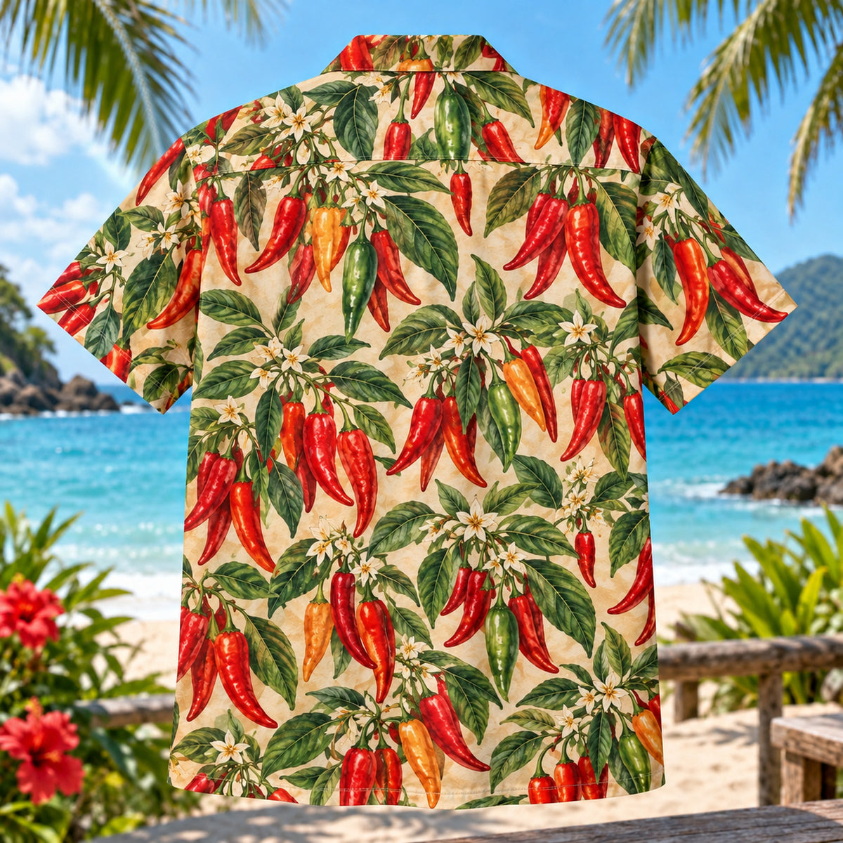 Back view of Pepper Harvest Chili Pepper Hawaiian Shirt with matching artwork in red, amber, green
