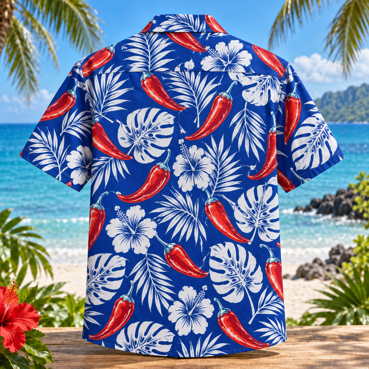 Back view of Pepper Linework Chili Pepper Hawaiian Shirt with matching artwork in cobalt, white, red