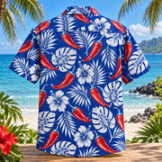 Back view of Pepper Linework Chili Pepper Hawaiian Shirt with matching artwork in cobalt, white, red
