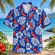 Front view of Pepper Linework Chili Pepper Hawaiian Shirt with original line drawn chili peppers and tropical leaves