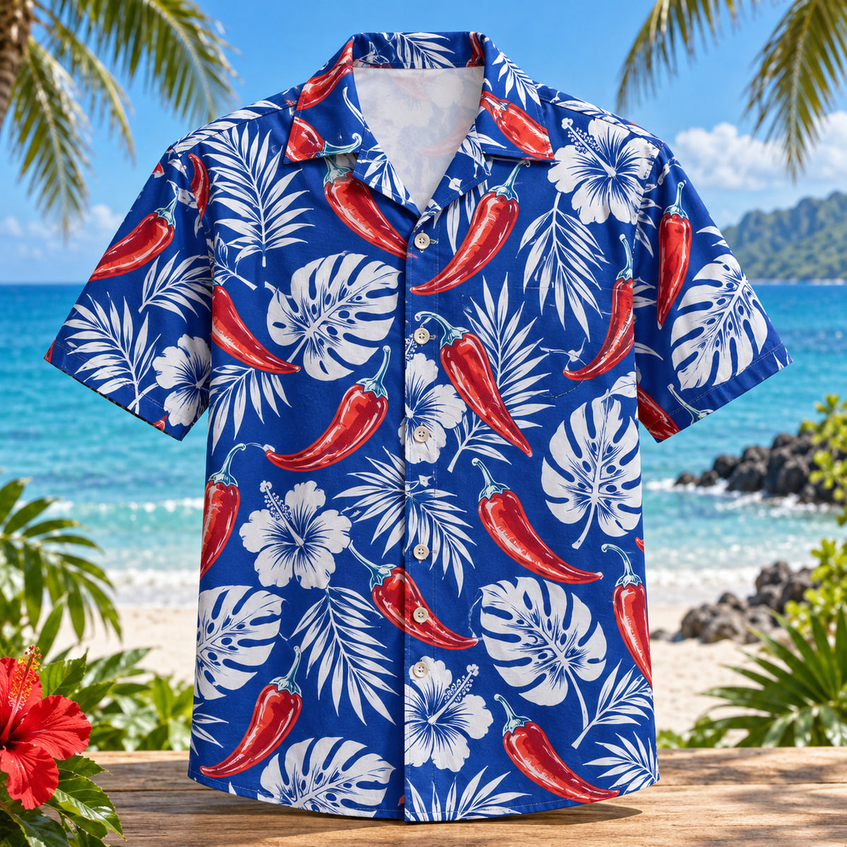 Front view of Pepper Linework Chili Pepper Hawaiian Shirt with original line drawn chili peppers and tropical leaves