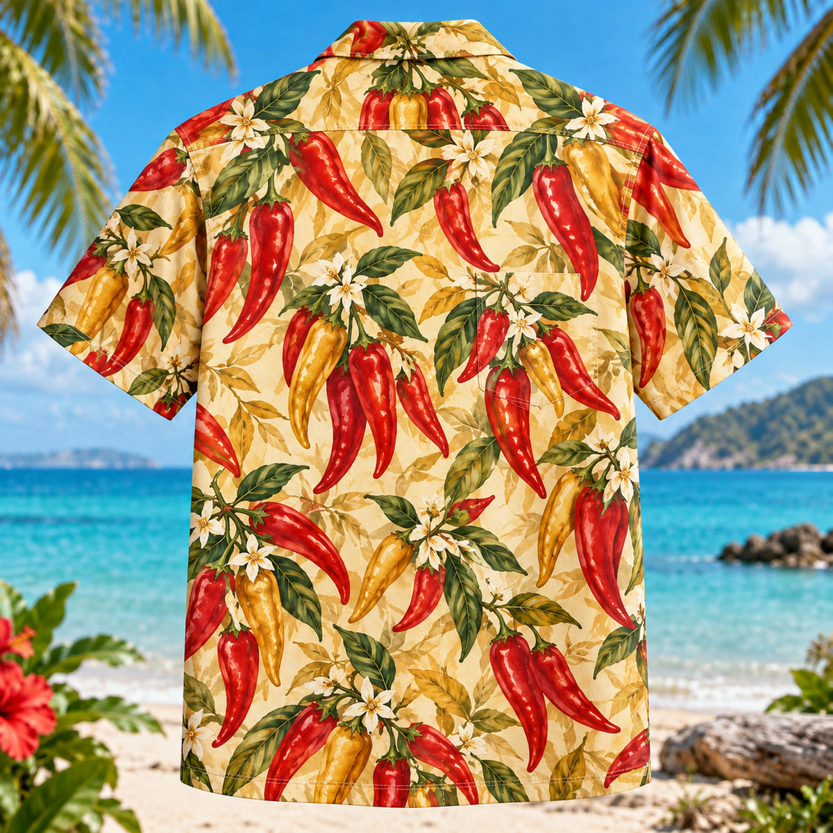 Back view of Pepper Market Chili Pepper Hawaiian Shirt with matching artwork in gold, scarlet, cream