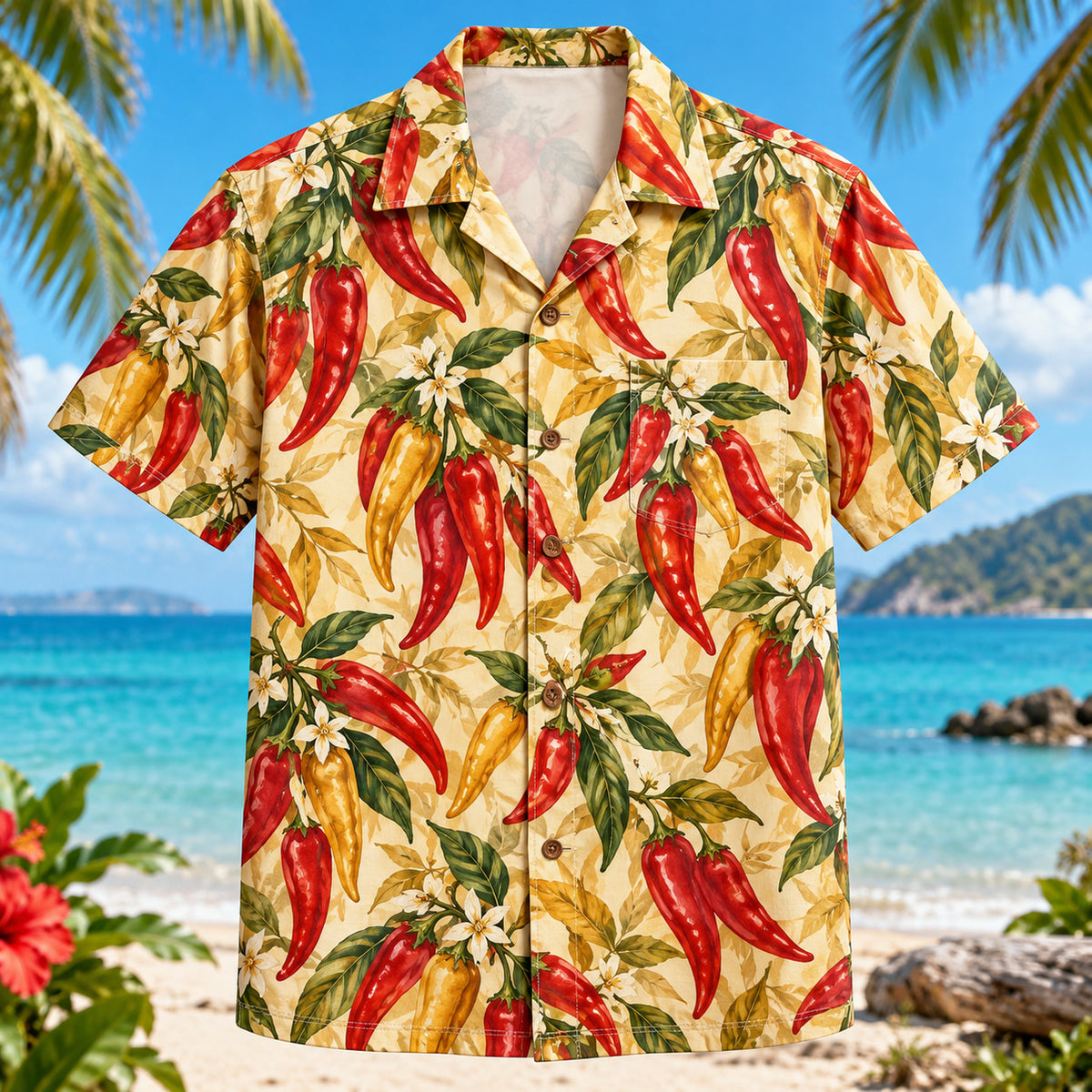 Front view of Pepper Market Chili Pepper Hawaiian Shirt with fresh chili peppers in an original market-inspired pattern