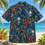 Back view of Pepper Night Chili Pepper Hawaiian Shirt with matching artwork in indigo, crimson, green
