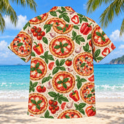 Back view of Pepper Pizza Home Pizza Making Hawaiian Shirt with matching artwork in tomato red, basil green, cream