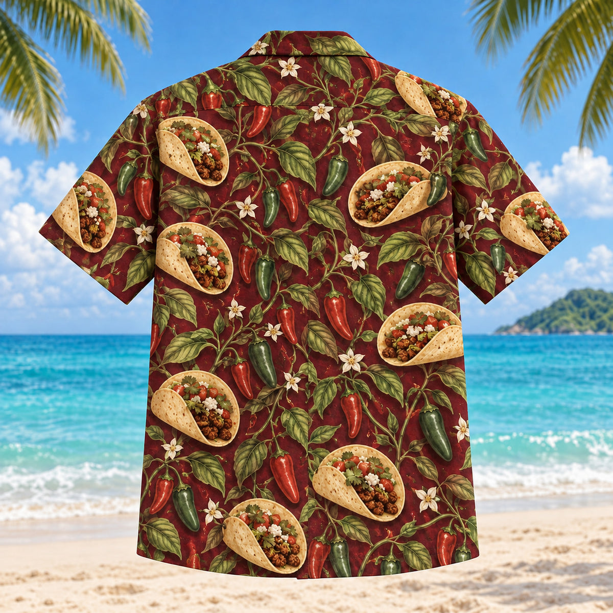 Back view of Pepper Vine Taco Hawaiian Shirt with matching artwork in burgundy, olive, cream