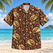 Front view of Pepper Vine Taco Hawaiian Shirt with climbing pepper vines and compact open tacos arranged as a wearable botanical textile