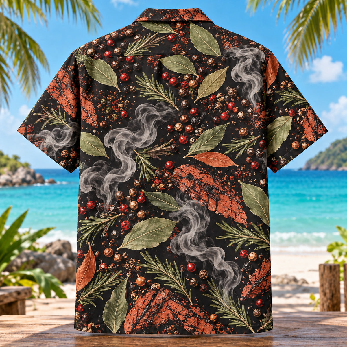 Back view of Peppercorn Smoke BBQ Hawaiian Shirt with matching artwork in black, terracotta, sage