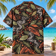 Back view of Peppercorn Smoke BBQ Hawaiian Shirt with matching artwork in black, terracotta, sage