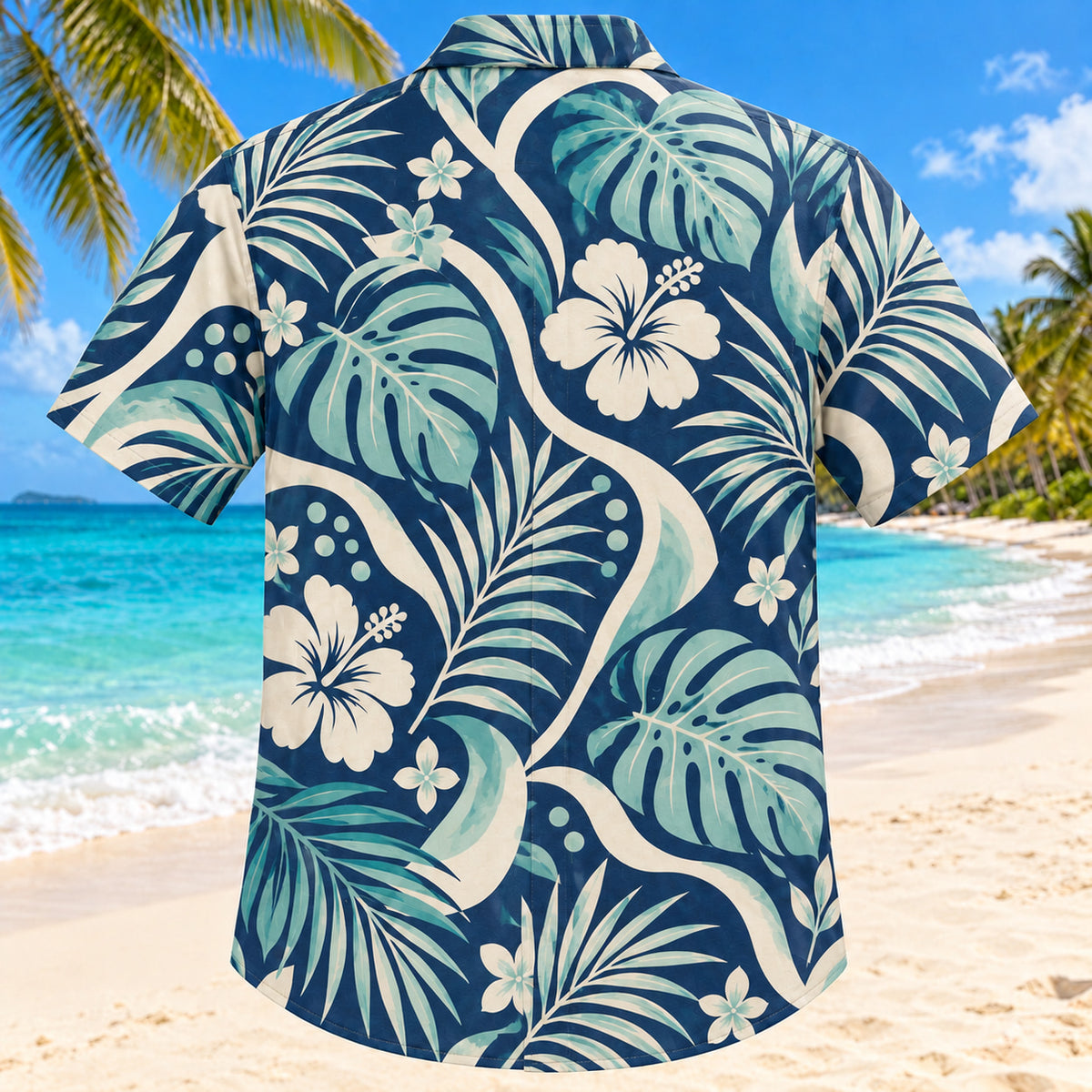 Back view of Phoneme Palm Navy Speech-Language Pathologist Hawaiian Shirt with matching artwork in navy, aqua, warm cream